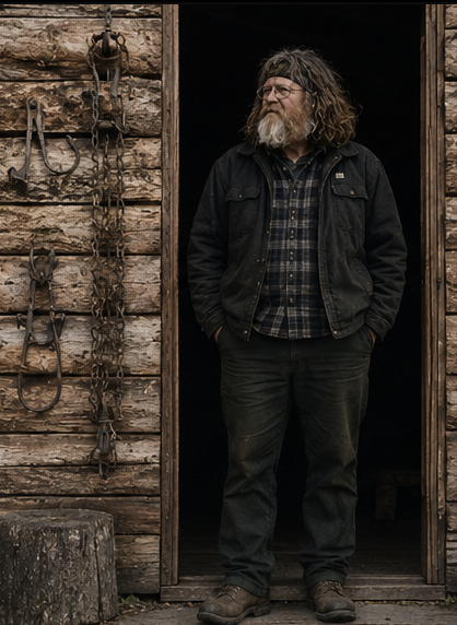 Magnus Falk standing in the doorway of his log cabin in Interior Alaska